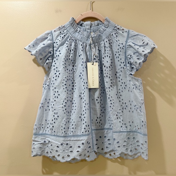 Jennifer & Grace Tops - NWT Jennifer & Grace Eyelet Flutter Sleeve Cotton Top Blue Feminine Women's xs